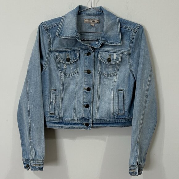 DECREE Juniors L Cropped Denim Jacket Y2K Style Light Wash Factory Distressed - Picture 3 of 11